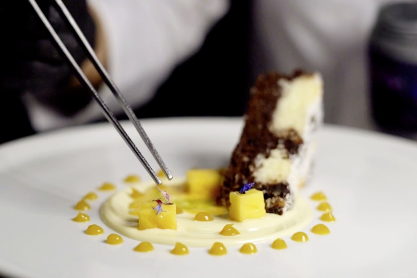 Schoko-Kokos-Schnitte mit Vanillesauce und Mangopüree